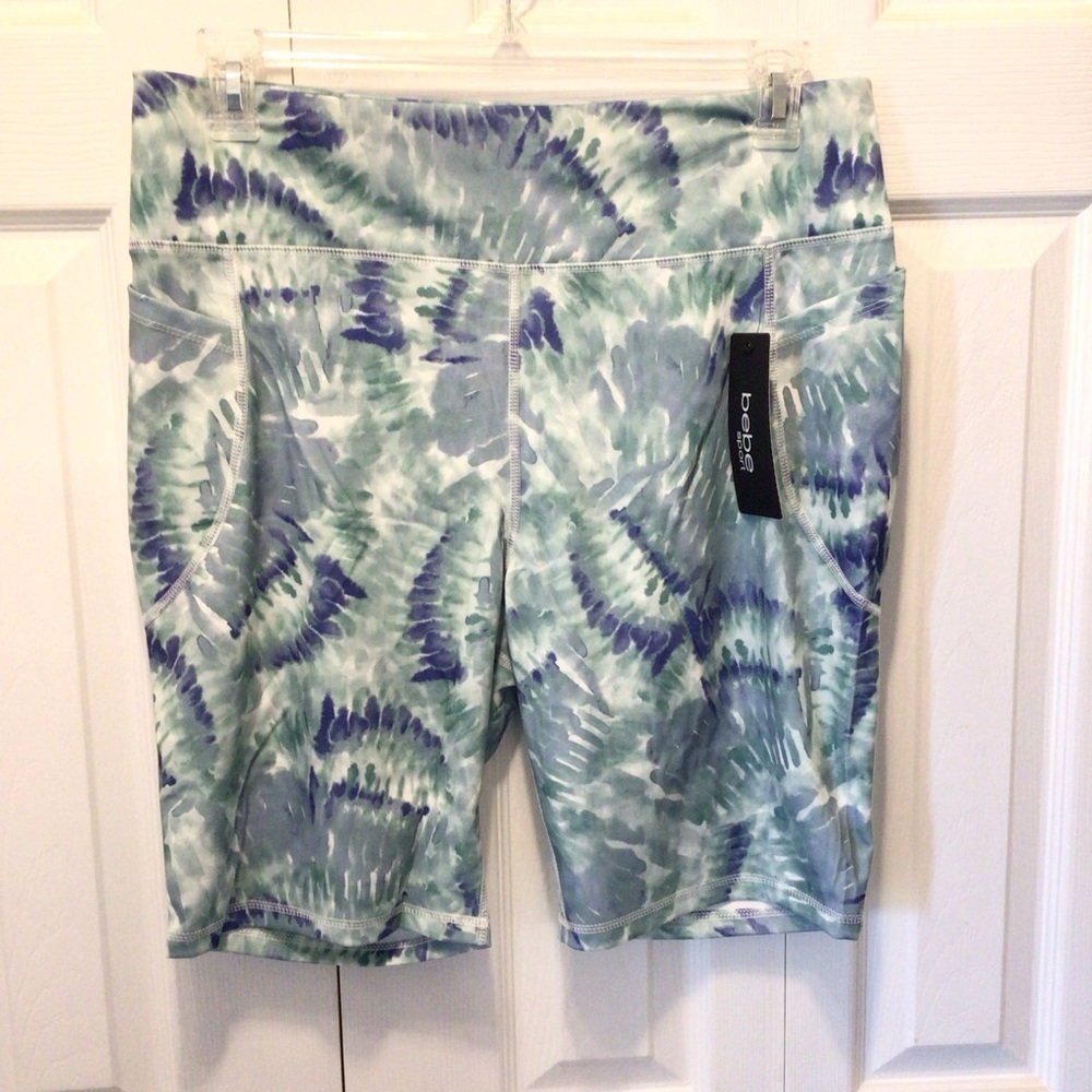 Bebe Sport Womens Plus Size Blue Tie Dye Print 9” High Rise Biker Shorts